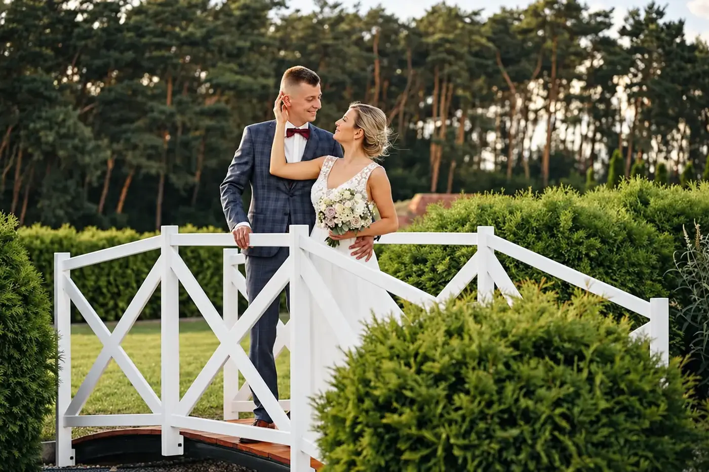 Para młoda na białym mostku w ogrodzie